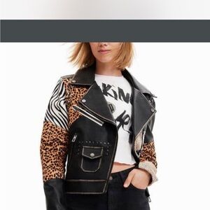 Desigual Black and Animal Print Leather Jacket